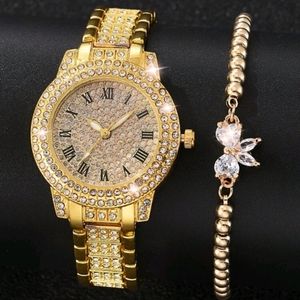 NEW Women's iced out gold bling watch and crystal bracelet
